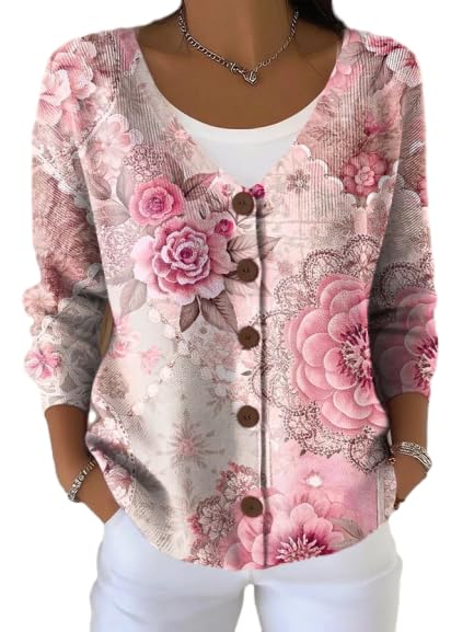 Womens V-Neck Ribbed Floral Print Cardigan Sweater Fall Casual Loose Long Sleeve Button Down Outerwear for Women
