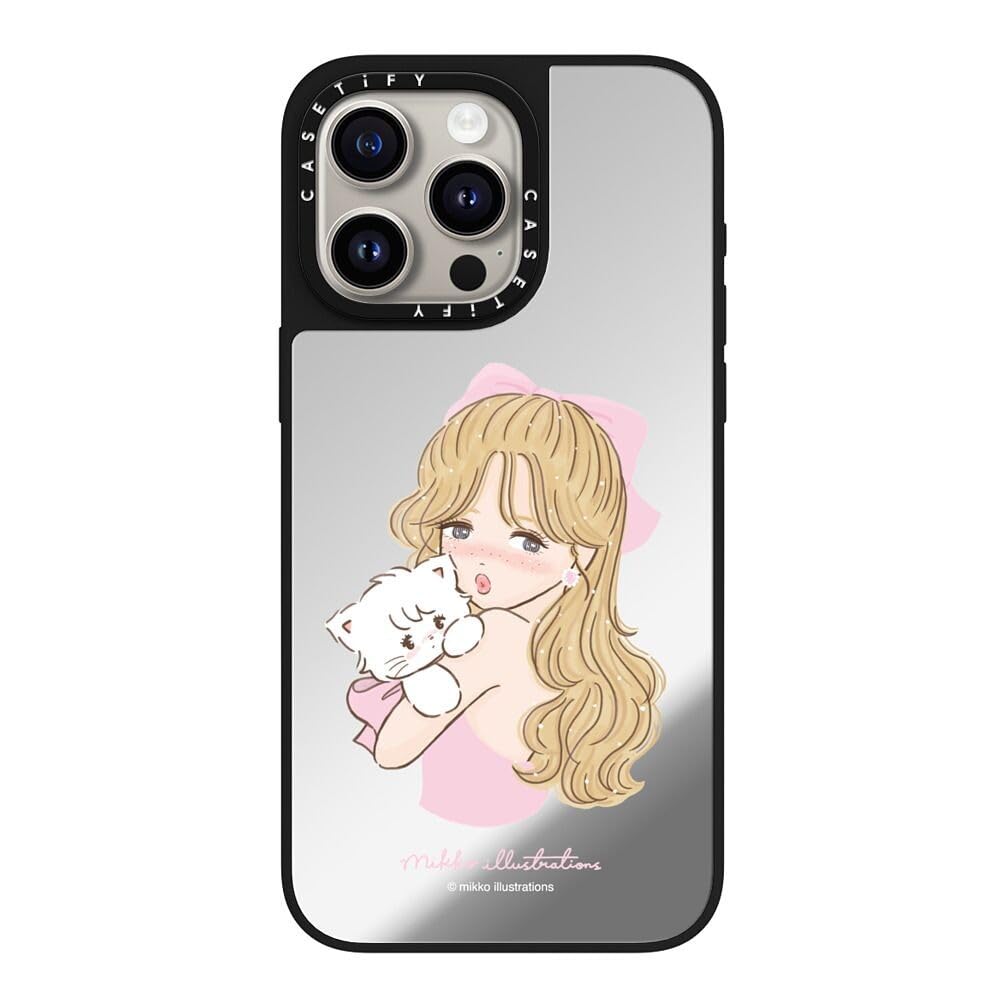 CASETiFY Mirror iPhone 15 Pro Max Case [Reflective / 4.9ft Drop Protection/Compatible with Magsafe] - Girl & Mousse (Pink) - Silver on Black
