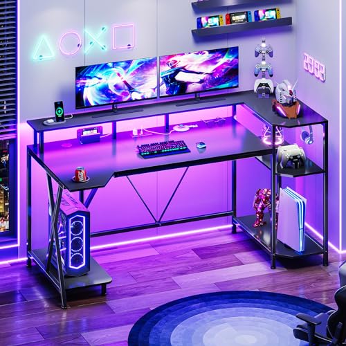 SEDETA Gaming Desk 55'' with LED Lights and Storage Shelves, Computer Desk with Monitor Stand, Power Outlets and Cup Holder, Large PC Gamer Desk, Gami
