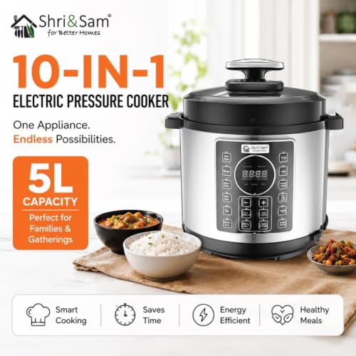 Image of Shri & Sam Stainless Steel Electric Pressure Cooker | Automatic Pressure Cooking | Multi-Cooking Electric Cooker 10 in 1 | Durable & Easy to Clean (5, litres)