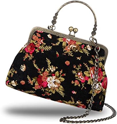 Abuyall Floral Top-Handle Handbag,Kiss Lock Evening Bag for Women,Vintage Purse with Chain, Women's Retro Clutch Bag for Party,1920s Vintage Clutch Purse (Black)