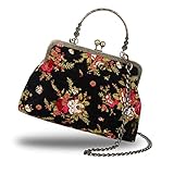 Abuyall Floral Top-Handle Handbag,Kiss Lock Evening Bag for Women,Vintage Purse with Chain, Women's Retro Clutch Bag for Party,1920s Vintage Clutch Purse (Black)