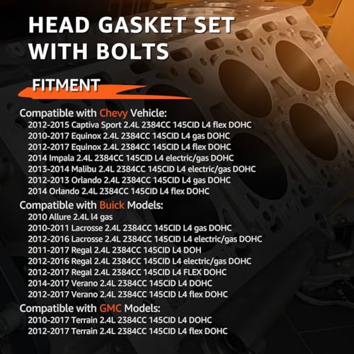 Image of 2.4 Head Gasket Set with Bolts fit for 2010-2017 Chevy Equinox Malibu Captiva Orlando, for GMC Terrain, for Buick Lacrosse Regal Verano Allure 2.4L 2384CC Engine HS26517PT ES72196
