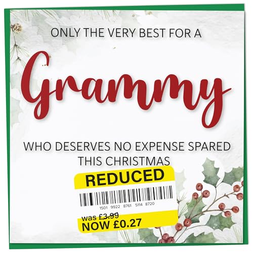 Funny Christmas Card for Grammy with Reduced Sticker, Holly & Ivy Design, Merry Christmas Grammy, Humorous Card for Her, Novelty Joke Gift Idea, 148mm