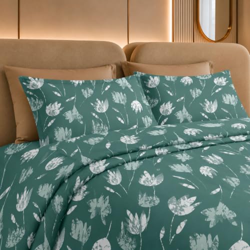Image of Jaipur Weaves Cotton King Size Bedsheet 108x108 Super King, 100% Pure Cotton Bed Sheet with 2 Pillow Covers, 300 TC Soft Breathable Floral Design Bedding (Green Tulips, Super King)