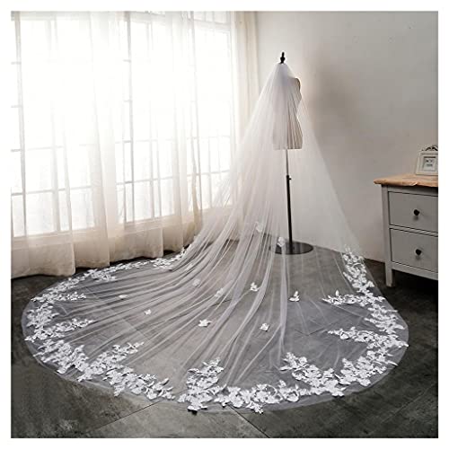 YYOBK Ts Weiß/Elfenbein Lange Spitze Rand Blume Applique Hochzeitsschleier, Kirche Braut Schleier Mit Kamm 3 Meter Lang, Hochzeit Braut Kopfschmuck (Color : Ivory, Item Length : 350cm) Cover