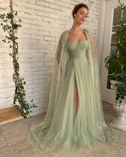 BOLENSYE Sparkly Starry Tulle Prom Dresses with Cape Sweetheart Long Ball Gown Formal Evening Dress for Women3