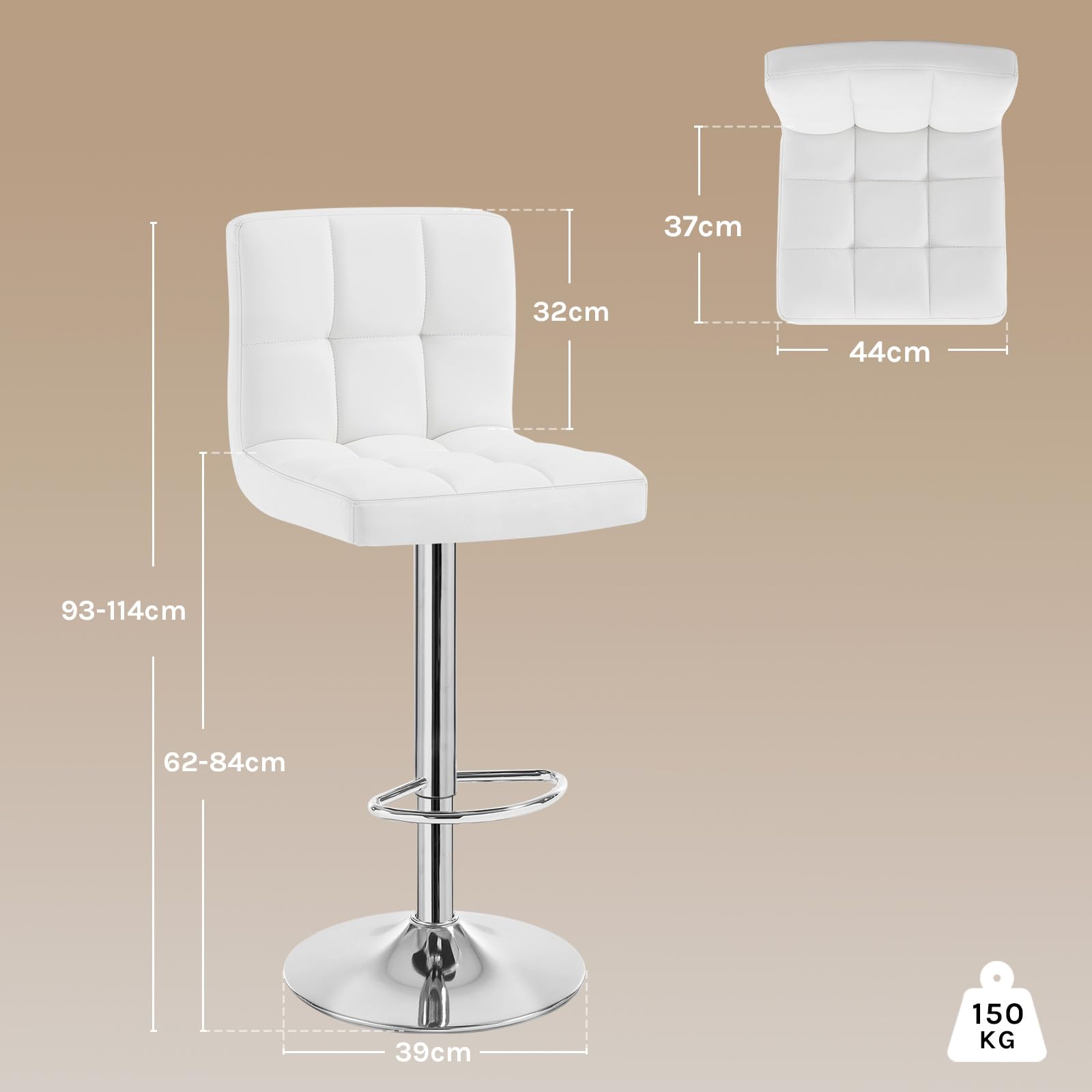 WOLTU Taburete de Bar Giratorio con Respaldo y Reposapies, Blanco | con Reposapiés, para Comedor, Salón y Cafetería