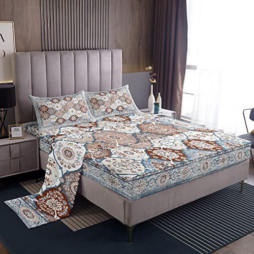 Erosebridal Oriental King Sheet Set Vintage Sheets, Persian Floral Bed Set Boho Tribal Bed Sheets Set Traditional Aesthetic Fitted Sheet, Hippie Paisley Mandala Decor Blue #TOP19