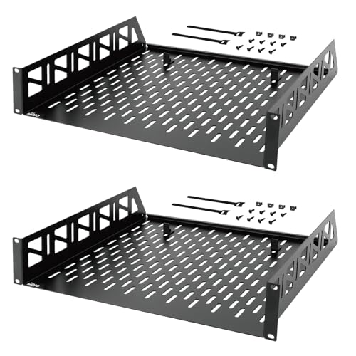 Tecmojo 2 Pack 2U Rack Shelf,19 inch Rack Mount Shelf 16 inch Depth,with Anti-Slip Stops,Server Rack Shelf and Network Shelf for 19 in Equipments, 55lbs Capacity of Vented 2U Shelf,Black,No Lip