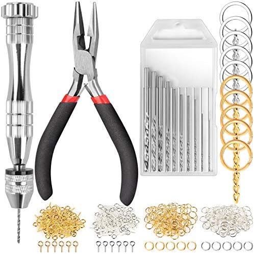222 PCS Pin Vise Kit for Resin Molds, LEOBRO Steel Hand Drill with Drill Bits & Grip Nose Pliers & Keychain Supplies Jump Rings, Hand Drill for Silicone Mold DIY Resin Jewelry Keychains Pendant Making