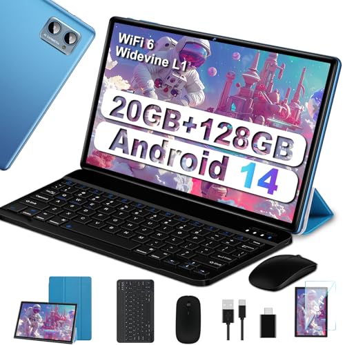 SUAAT Tablet 2025 - 10 Pollici Android 14, 20GB RAM 128GB ROM, WiFi 6 5G+2.4G, Octa-Core, GMS Certified, Widevine L1, BT 5.0, Con Tastiera, Mouse, Custodia - Blu