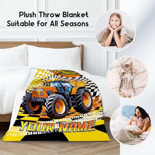 Custom Boys Blanket, Tractor Blankets for Kids Age 6-8, Personalized Car Gifts with Name, Cozy Fleece Throw for Couch & Sofa, 30"x40"