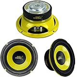 Woofer Pyle de 16,50 cm de diámetro (6,5") model plg64; Potencia rms: 150 watt (singularmente); Potencia max: 300 watt (singularmente); Potencia rms: 300 watt (a pareja); Potencia max: 600 watt (a pareja); Suspensión de goma butilica reforzado; Bobina móvil del woofer de aluminio de 2,50 cm de diámetro (1"); Cono del woofer de polipropileno amarillo; Impedancia: 4 ohm