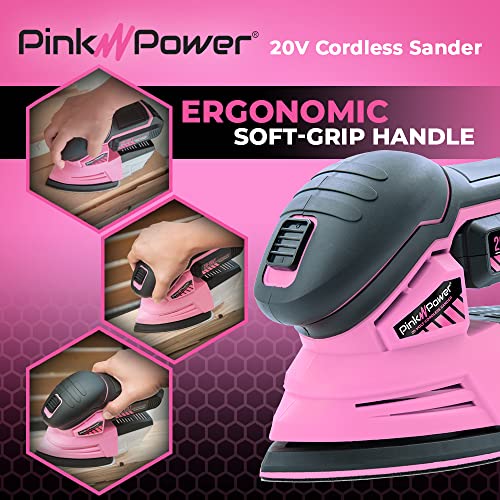 Pink Power Detail Sander for Woodworking 20V Cordless Electric Hand Sander for Wood Furniture - Mini Palm Sander Tool with Sandpaper, Li-Ion Battery & Charger - Small Handheld Sanding Machine - Image 5