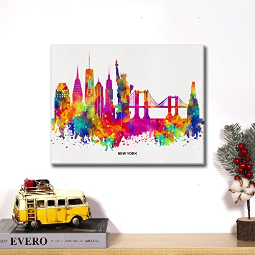 Cityscape Art Canvas Wall Art Modern Abstract Colorful New York Skyline Canvas Print Painting Office Home Wall Decor Framed Gift 12X15 Inch #TOP3