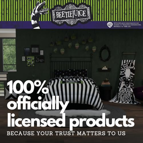 Image of Franco Collectibles Beetlejuice Halloween Striped Bedding 5 Piece Super Soft Reversible Comforter and Sheet Set, Full, (Officially Licensed Product)