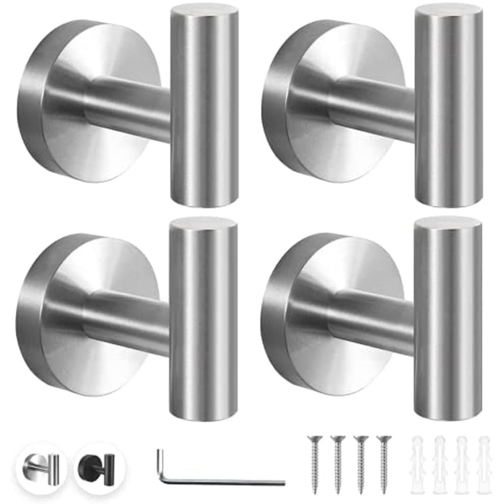 VVW&LIU 4pcs Sleek Brushed Stainless Steel Wall Hooks,Towel Hooks for Bathroom Coat Robe Hook Wall Mount Towel Rack, Hook for Kitche