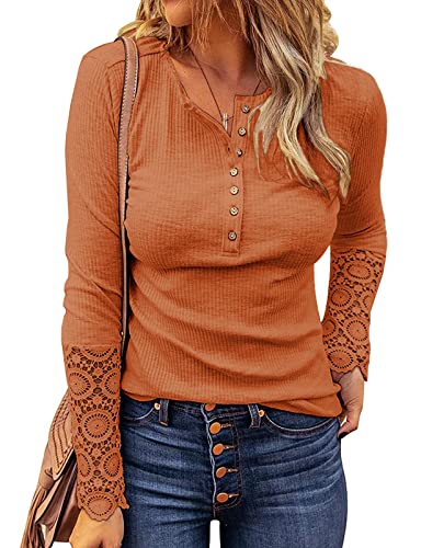 Image of Kancystore Women's Fall Long Sleeve Tops Lace V Neck Button Down Henley Shirts Tunic Blouses