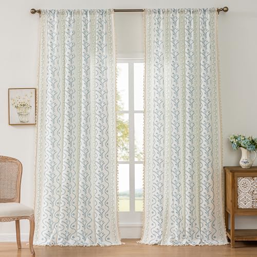 Image of Blue| Sage on White Boho Curtains 84 Inch Long for Living Room, Bedroom, 2 Panels Floral Farmhouse Vintage Tassel Semi Sheer Light Filtering Privacy Window Curtain Drapes with Rod Pocket