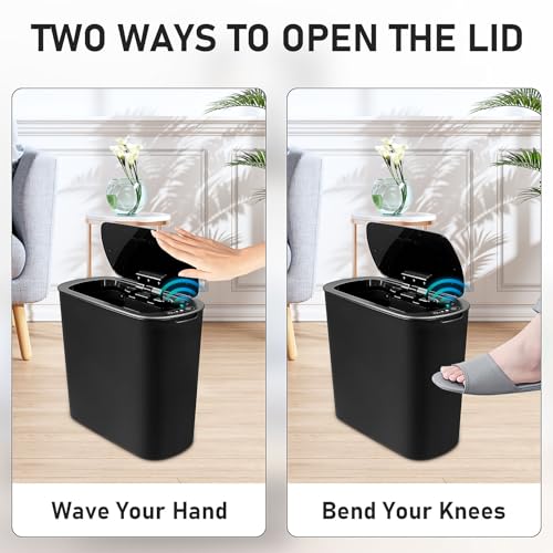 Image of 2 Pack Automatic Bathroom Trash Can 2.6 Gal & 6.1 Gal,Touchless Electric Garbage Can with Lid,Motion Sensor Smart Plastic Wastebasket,Slim Waterproof Trash Bin for Bedroom Office Kitchen (Black)
