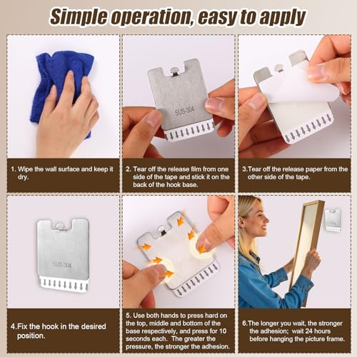 Image of 4pcs Picture Frame Hanging Hooks & 4 Adhesive Strips, Free Hanging Metal Paint Hanging Hooks Kit Picture Hangers Tool Without Nails, No Damage to Wall