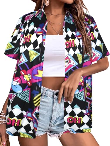 80er 90er Jahre Outfits für Frauen Retro Motto Party Button Up T-Shirt Neon Kurzarm Bluse Tops, Kariertes Rosa, Mittel