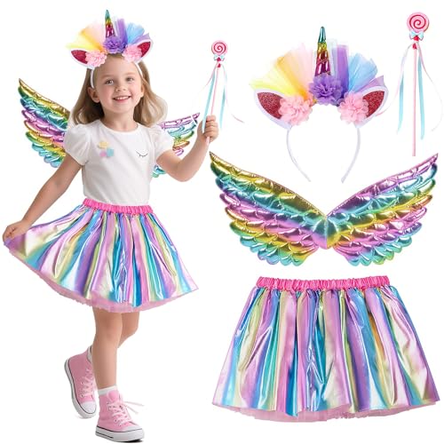 NXPZ 4 Pcs Disfraz Unicornio Niña, Traje de Princesa Unicornio, Vestuario para Juegos de Rol con Falda Tutú, Diadema, Alas y Varita Mágica, Regalo para Niñas de 3 4 5 6 7 8 Años