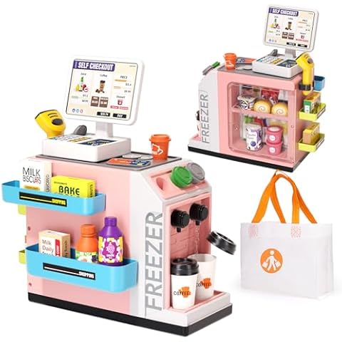 Jovow 48-Piece Pretend Play Cash Register Toy Set with Water Outlet Function - Calculator, Shopping Bag, Scanners, Credit Cards, Coffee Machine, Play Food - Gift for Boys and Girls Ages 3+（Pink） Cover