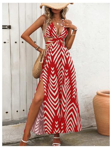Image of SOLY HUX Women's Tie Backless Cut Out Halter Dress Deep V Neck High Split Long Flowy Dresses