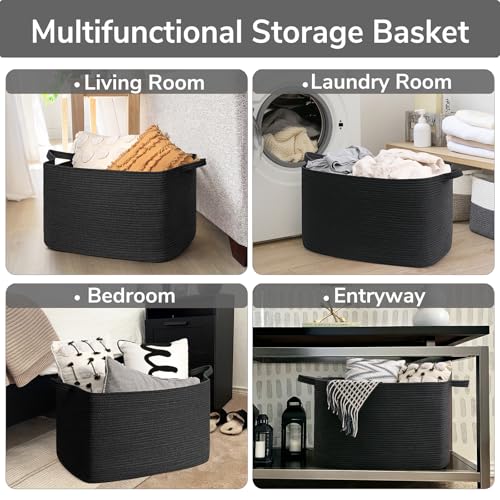 Goodpick Extra Large Storage Basket, 23.6" x 15.7" x 13.8" Rectangle Cotton Rope Basket for Blankets, Pillows, Toys, Woven Dirty Clothes Baskets for Laundry, Black