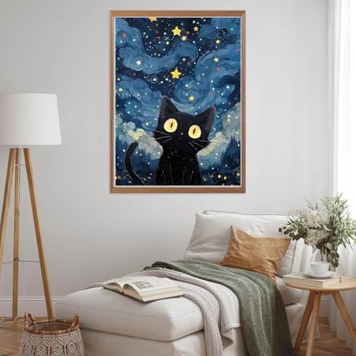 Image of HASTHIP DIY Diamond Painting Kit for Adults, Cartoon Cat Starry Night Paint by Numbers with Tools & Accessories, 30x40cm No Frame Pre Outlined Canvas Diamond Art Kit