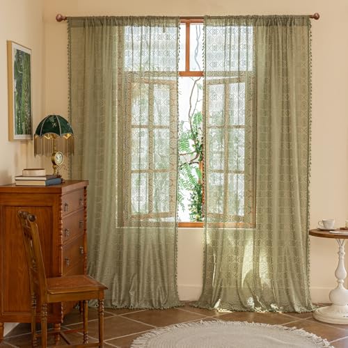 YJ YANJUN Green Sheer Curtains 96 Inches Long, 2 Panels, Vintage...