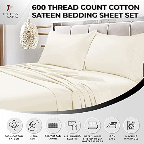 Image of Tribeca Living Cal King Egyptian Cotton Sateen Sheet Set, | 600 Thread Count, 100% Egyptian Cotton, Soft Sateen Weave, Deep Pocket, 6-Piece Set, Machine Washable