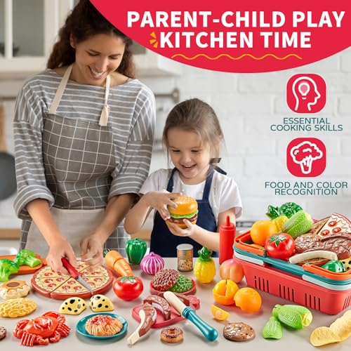 Comirth Spielen Sie Lebensmittel-Sets für Kinder Küche-80PC Pretend Lebensmittel mit 2 Kinder Picknick-Korb, Spielzeug Lebensmittel mit Pizza Spielzeug, Kunststoff Lebensmittel Schneiden Spielzeug
