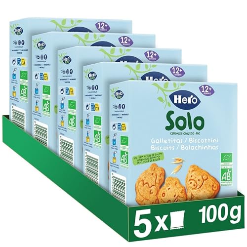Hero Baby - Galletas de Animales Infantiles, 100% ECO, BIO, con Ingredientes de Agricultura Ecológica y UE, Apto para Bebés a Partir de 12 Meses - 5 x 100 g