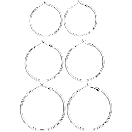 3 Pairs Sterling Silver Hoop Earrings - 14k White Gold Plated Hoop Earrings Big Hoop Earrings Set Silver Hoop Earrings for Women Girls Valentine's Day Gift (40MM 50MM 60MM) …