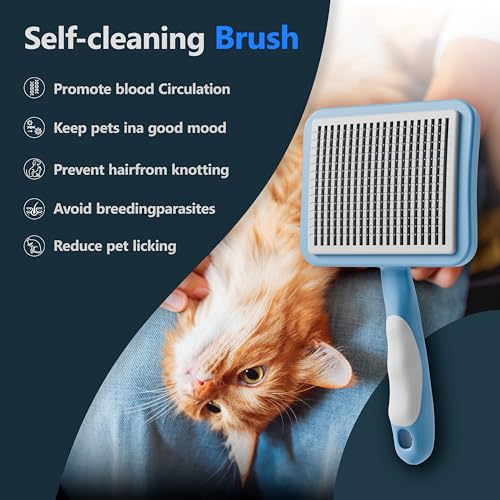 Image of Cat Brush with One-Click Button, Cat Brushes for Indoor Cats Shedding，Self Cleaning Slicker Cat Brush for Shedding Massaging Grooming, Suitable for Long Short Haired Pets, Comfortable /Easy to Clean