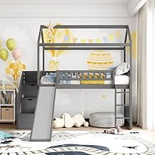 CITYLIGHT Twin House Loft Bed with Stairs and Slide, Wooden High Loft Bed with Slide and Storage Staircase, Kids High Loft Bed Frame for Girls or Boys, Grey