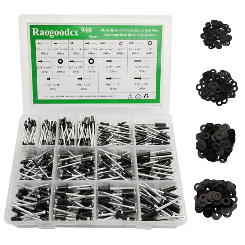 Rivets aveugles en aluminium noirs avec rondelle - Kit de 940 rivets pop assortis 14 tailles
