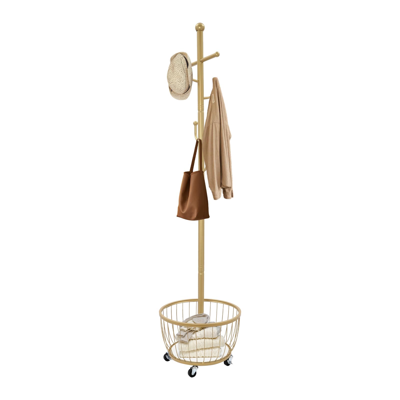 Perchero de entrada con cesta de almacenamiento, perchero de pie con rueda móvil para dormitorio, lavandería, entrada, color dorado