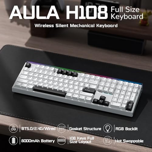 Image of Aula H108 Wireless Mechanical Keyboard, Hot Swappable Silent Keyboard, Full Size Keyboard with Number Pad, Gasket Structure, RGB Backlit Computer Gaming Keyboard with PBT Keycaps for PC /Office