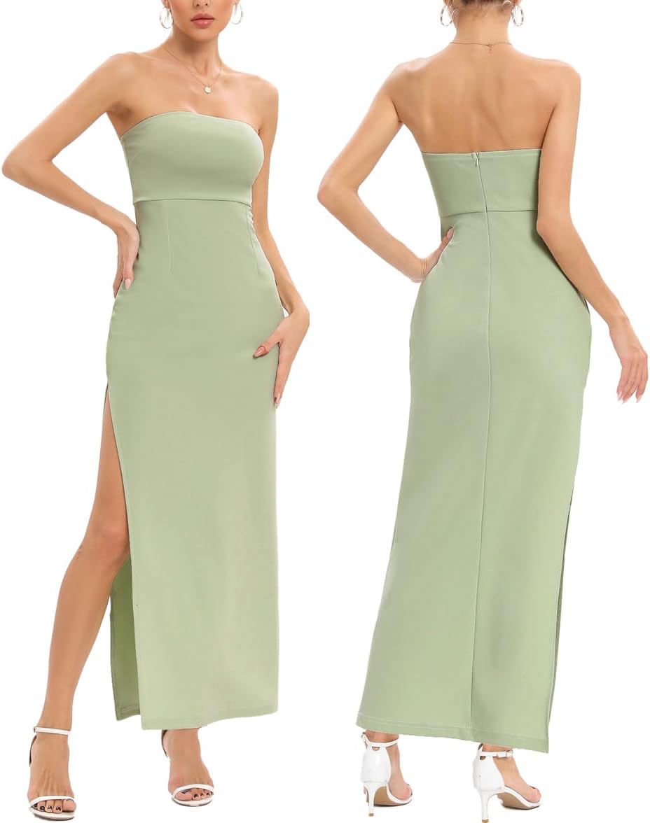 JLCNCUE Women's Tube Strapless Maxi Dress Side Slit Bodycon Dresses Sleeveless Off Shoulder Backless Cocktail Dress 295