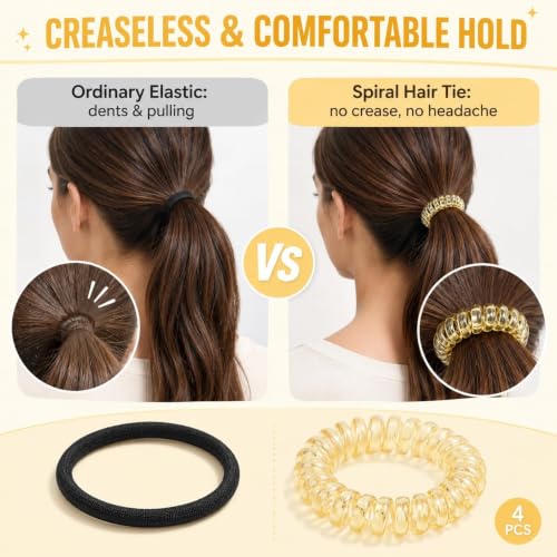 Image of Curated Cart 12 Pcs Durable Multicolor Hair Ties 2mm Thick Ponytail Holders for Women Men Girls - Strong Elastic Bands for Long, Thick, or Curly Hair, No Slip Hair Accessories (4 Pcs Spiral Hair Ties)