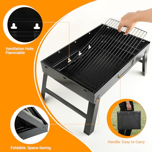Grill - Camping Grill & Kohlegrill, Edelstahl, tragbar, langlebig, hitzebeständig und rostfrei, ideal für Garten, Balkon, Terrasse, Camping, Picknick und Outdoor-Gartenpartys (S (35 x 27 x 20 cm)) – Bild 5