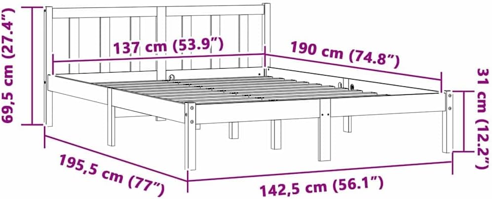 vidaXL Bed Frame Natural 53.94 x 74.80 in Solid Pine Wood, Chic Bed Frame, Rectangular Style, Sturdy Pine Build, Modern Bedroom Piece, Tough Sleep Choice