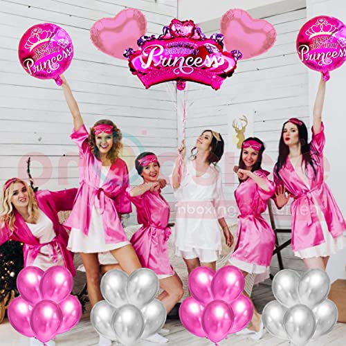 Image of Propsicle Happy Birthday Pink Princess Theme Foil Crown Balloon Bouquet With Silver Happy Birthday Letter Balloon & Pink | Silver Metallic Balloon - Pack of 52