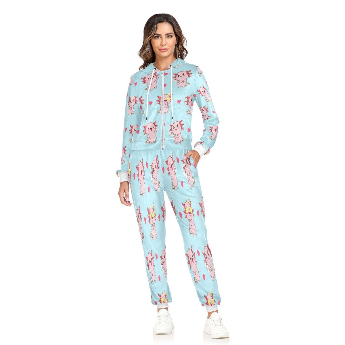 Conjunto deportivo de 2 piezas para mujer, diseño de ajolote, de manga larga, con corazones, color rosa
