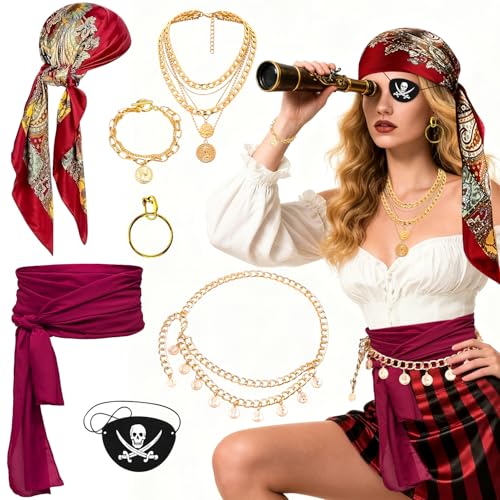 7 Stück Piraten Accessoires Set, Piratenkostüm Damen, mit Piratenkopftuch, Taillenkette, Gürtel, Ohrringe, Augenmaske, Halskette und Armband,...