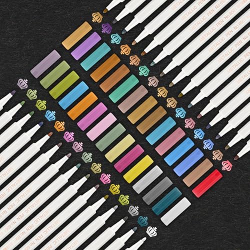 YITHINC 30 Couleurs Marqueur Metallique, Pointe Fine Feutre Metallique Feutres Paillettes Stylo Blanc pour Papier Noir, Scrapbooking, DIY Album, Stylo Feutre pour Cahiers